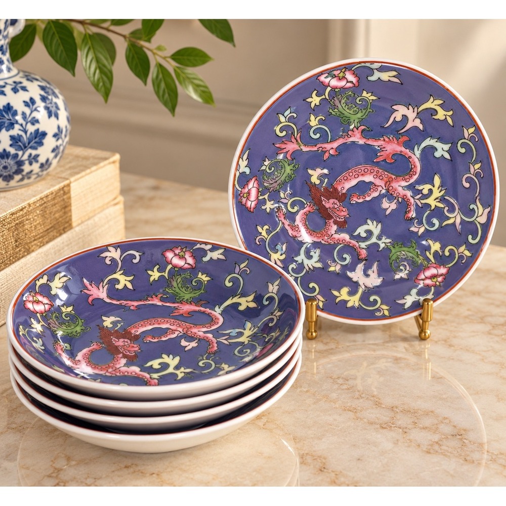 Vintage Made in Macau Chinese Dragon Porcelain Plates Bowls 7" Set of 5 Blue